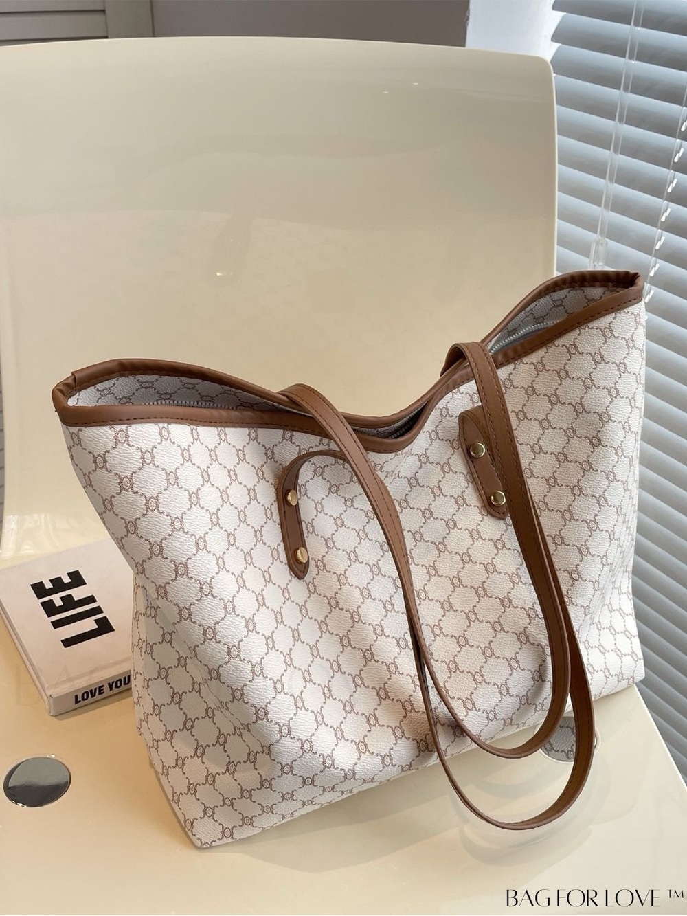 Designer-Inspired Beige & Brown Tote Bag